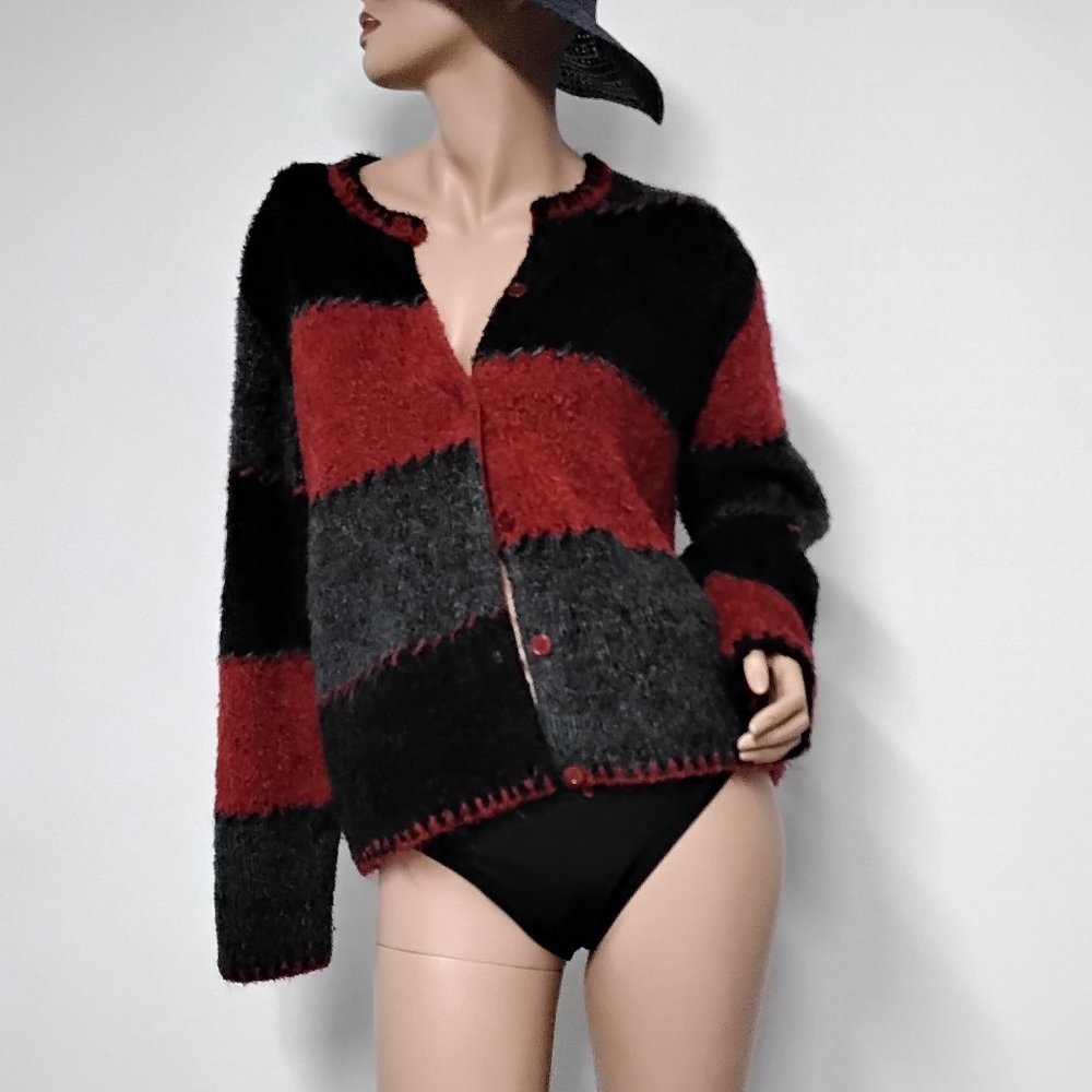 Christopher and Banks Sheep Knit Cardigan Sweater Size L Block Burgundy Black 13